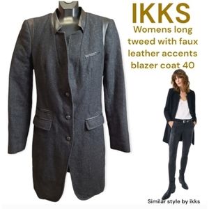 Ikks Women's European tweed long Button-down blazer Black faux leather trim Lg